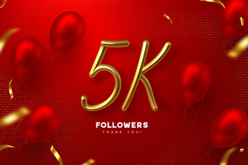 Five thousand followers banner. Thank you followers vector template with 5K golden handwritten sign and glossy balloons for network, social media friends and subscribers.