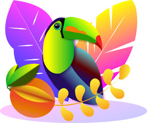 Colorful Tukan sitting against tropical leaves and exotic fruit background. High quality photo © Atlantis