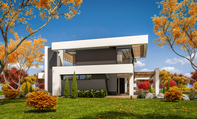 Fototapeta na wymiar 3d rendering of modern cozy house with pool and parking for sale or rent in luxurious style and beautiful landscaping on background. Clear sunny autumn day with golden leaves anywhere