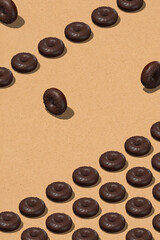  Minimal design. 3d render chocolate donuts in isometry vertical beige space. Restaurant, bakery candy shop, food delivery concept art. Donuts lover