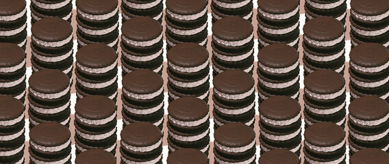 Minimal food design. 3d render chocolate cookies pattern in isometry space. Banner. Restaurant, bakery candy shop, food delivery concept art. Cacao lover. .Geometry in details.