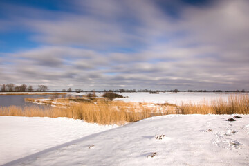 magical snowy winter Dutch countryside landscape with reed grass surrounding a frozen canal