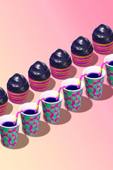 Minimal food geometry in details. 3d render design chocolate muffin and coffee cup in isometry pink space. Restaurant, bakery, candy shop, food delivery concept art. Cacao funny lover. .