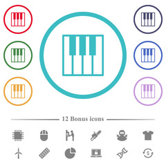Piano keyboard flat color icons in circle shape outlines