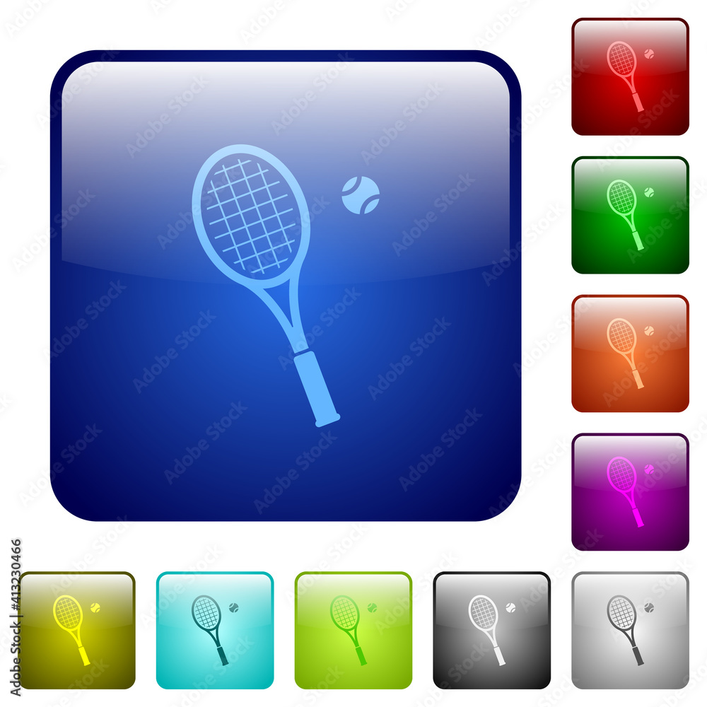 Poster tennis racket with ball color square buttons