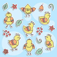 A set of stickers with hand-drawn doodle chickens