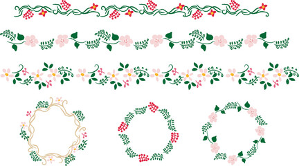 手描き花と葉っぱのフレームセット