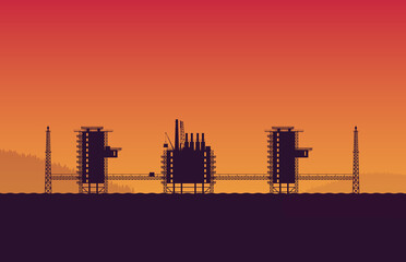 Fototapeta na wymiar silhouette Oil rig platform station site in sea on orange gradient background