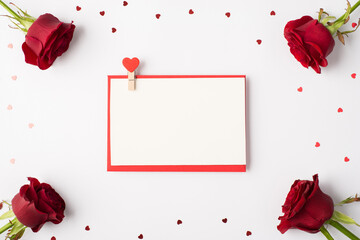 Happy St valentines day concept. Flat lay close up view photo of red fresh roses with shiny shimmer confetti in shape of heart and blank empty card for writing text