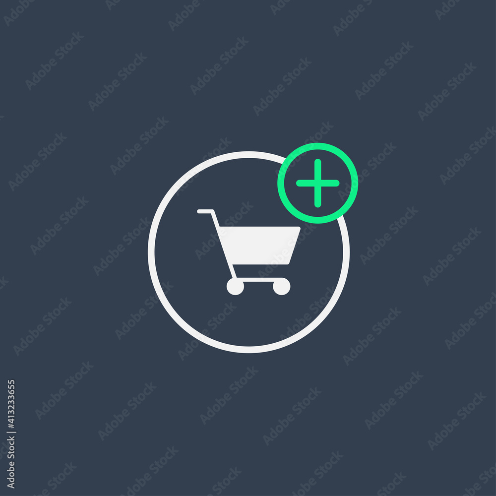 Poster shopping cart icon line. white shopping trolley in circle line frame with green plus cross sign isol