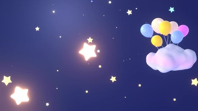 Looped colorful balloons and glowing stars in the sky at night animation.
