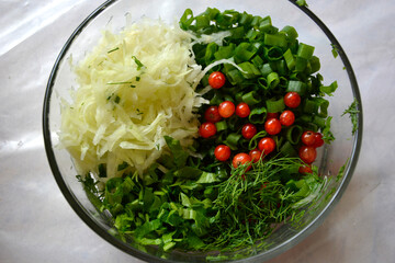 Vegetable salad in a glass bowl. Salad in a bowl close-up. Chopped vegetables and currant berries. Cabbage and greens.