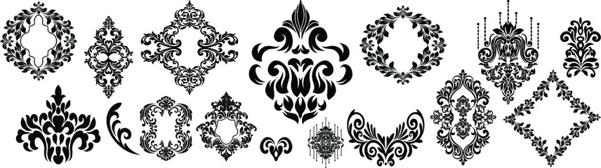 Set of Oriental vector damask patterns for greeting cards and wedding invitations.