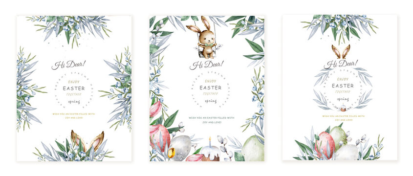 Happy Easter card with easter bunny hiding behind leaves. Hand drawn watercolor greeting, invite postcard with spring floral and eggs