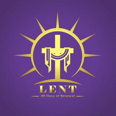 Lent, 40 days of renewal word under  gold lent cross in circle sunset sign on purple background vector Design