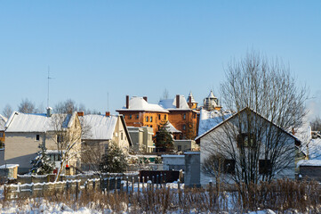 Fototapeta na wymiar Old castle architecture in winter. 14 February 2021, Minsk Belarus