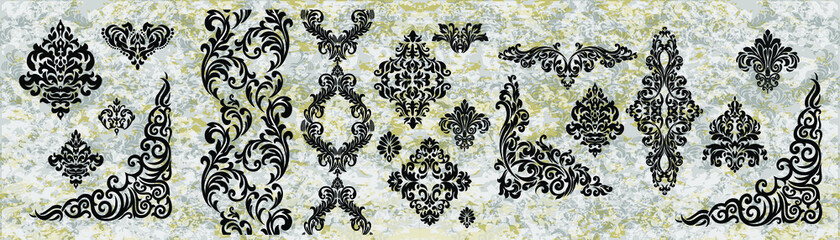 Set of Oriental vector damask patterns for greeting cards and wedding invitations.