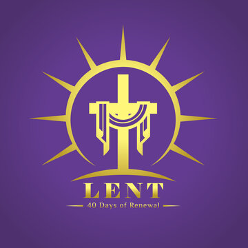 Lent, 40 days of renewal word under  gold lent cross in circle sunset sign on purple background vector Design