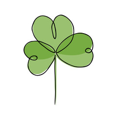 Vector illustration of Irish symbol of St Patrick Day. Continuous line drawing of shamrock leaf. Minimalism in design. Good for poster, banners and logotypes