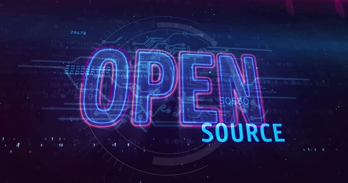 Open source code. Business, shopping, free software and freedom concept. Futuristic abstract 3d rendering loopable animation. Neon sketch on digital background.