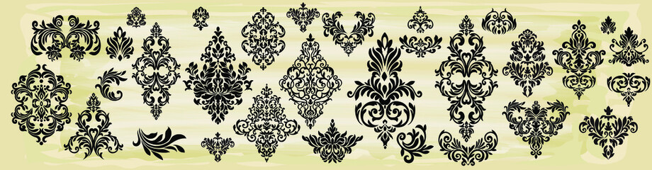 Set of Oriental vector damask patterns for greeting cards and wedding invitations.