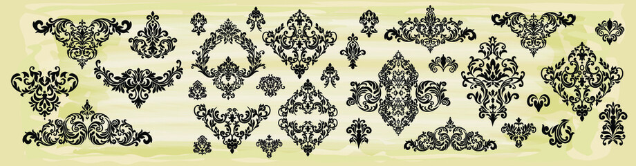 Set of Oriental vector damask patterns for greeting cards and wedding invitations.