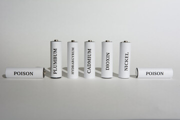 Battery on a white background. Ecology. Harm to nature from batteries.