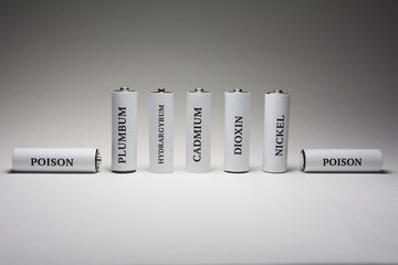 Battery on a white background. Ecology. Harm to nature from batteries.