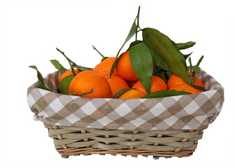 gray wicker basket with tangerines on a white background   