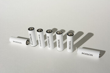 Battery on a white background. Ecology. Harm to nature from batteries.