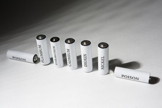 Battery on a white background. Ecology. Harm to nature from batteries.