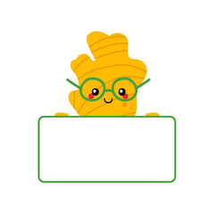 Cute cartoon style smiling ginger root character holding blank, empty card or banner in hands.
