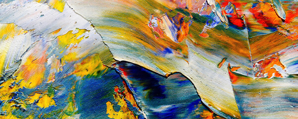 Bunter abstrakter Malereihintergrund. . Flüssige Tinte Farbtextur. Intensive Multicolor-Mischung aus lebendigen Ölfarben. Malen Sie Pinselstriche auf Leinwand für trendige Postertapeten © Valeriy