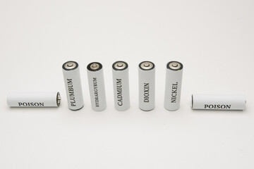 Battery on a white background. Ecology. Harm to nature from batteries.