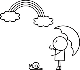 傘を持ってカタツムリと一緒に梅雨の晴れ間の虹を見上げる人のベクターイラスト性別なし