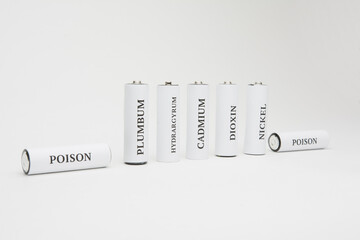 Battery on a white background. Ecology. Harm to nature from batteries.