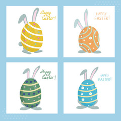 A set of Easter cards. A rabbit with long ears hides behind a colored painted egg. Symbols of the religious holiday of Great Easter. Cute vector illustration