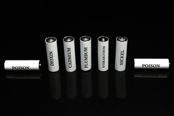 Battery on a black background. Ecology. Harm to nature from batteries.