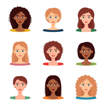 Set of avatars of women with different hairstyles and color. Diversity group of young women, vector illustration