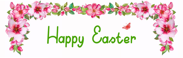 Happy Easter lettering text and flowers isolated on white background.