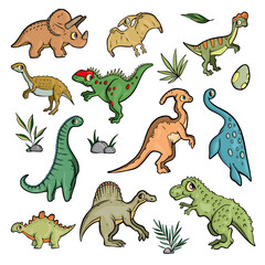 Dinosaur set on white background Cute Cartoon. Vector illustration