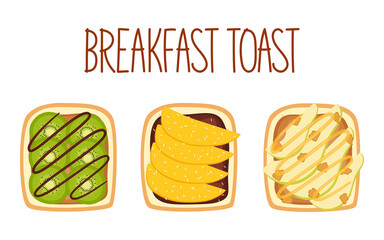 Set of toasts for breakfast with different fillings. Toasts with kiwi, mango and cococnut flakes, pear and walnut. Vector illustration
