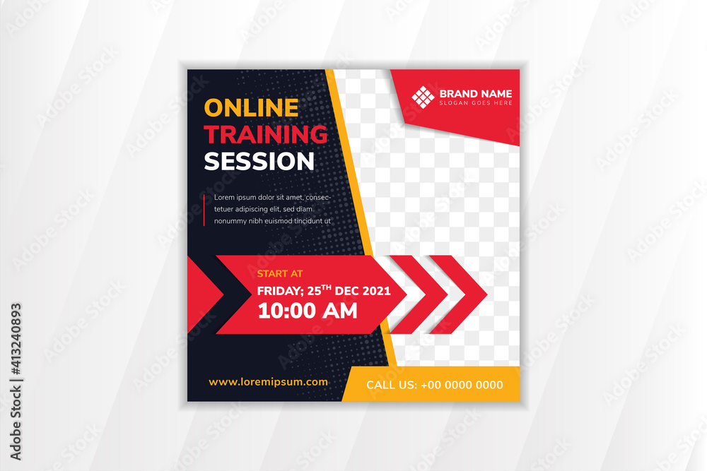 Wall mural editable minimal square banner template for online training session. black background with red and b