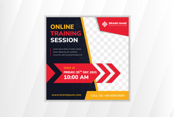 Editable minimal square banner template for online training session. black background with red and blue colors element. social media post and web internet ads with photo college. dot halftone pattern.