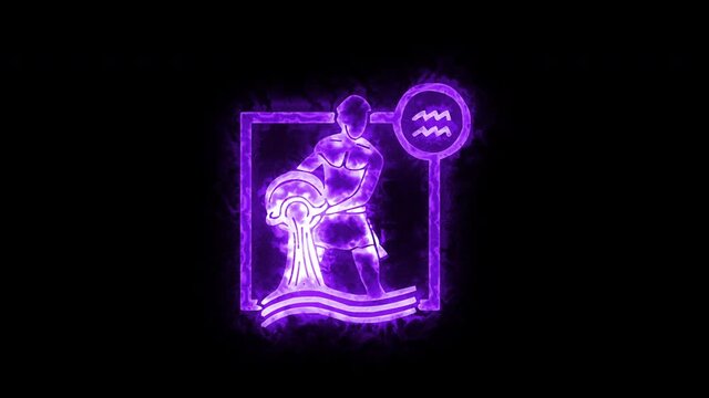 The Aquarius zodiac symbol, horoscope sign lighting effect purple neon glow. Royalty high-quality free stock of Aquarius sign isolated on black background. Horoscope, astrology icons with simple style