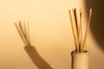 aroma rattan sticks for scenting the room and the shadow on a beige background