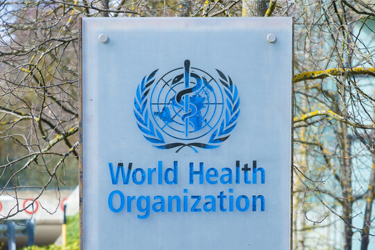 Geneva / Switzerland - February 23, 2020: sign and logo of The World Health Organization (WHO/OMS) and UNAIDS