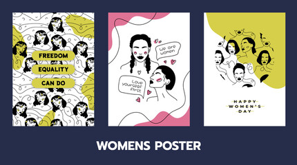 Motivation and inspiration posters with abstract shape, girl portrait in doodle style. Illustration in minimalistic style. Editable vector illustration