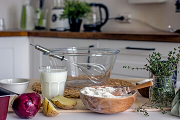 Homemade baking ingredients, authentic photo. The process of making homemade bread