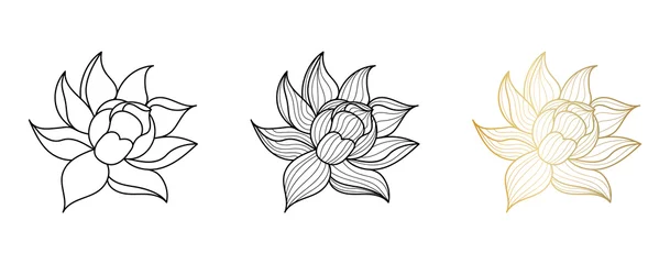 Legen Sie den Stil der Lotus-Symbollinie fest. Lotus schwarz und gold isoliert auf weißem Hintergrund, Vektorillustration © dariachekman